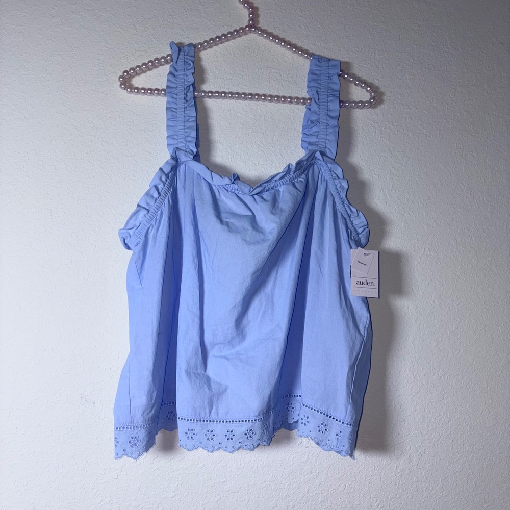 Auden Sleepwear Top Large Blue Ruffle Eyelet Cotton Camisole Pajama Loungewear